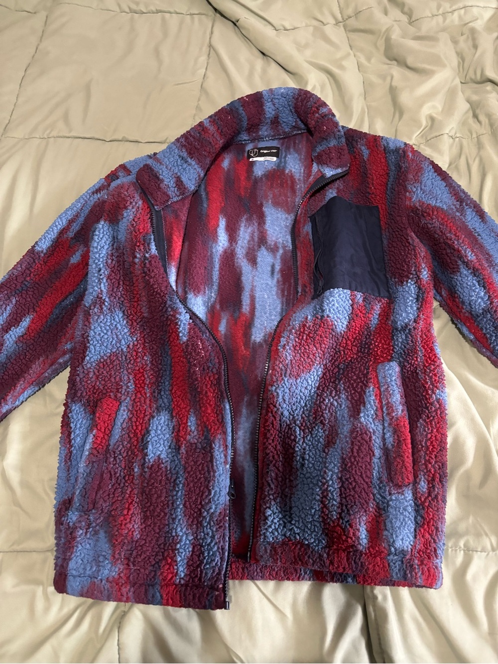 Plush Sherpa Fleece Zip Jacket - Red & Blue